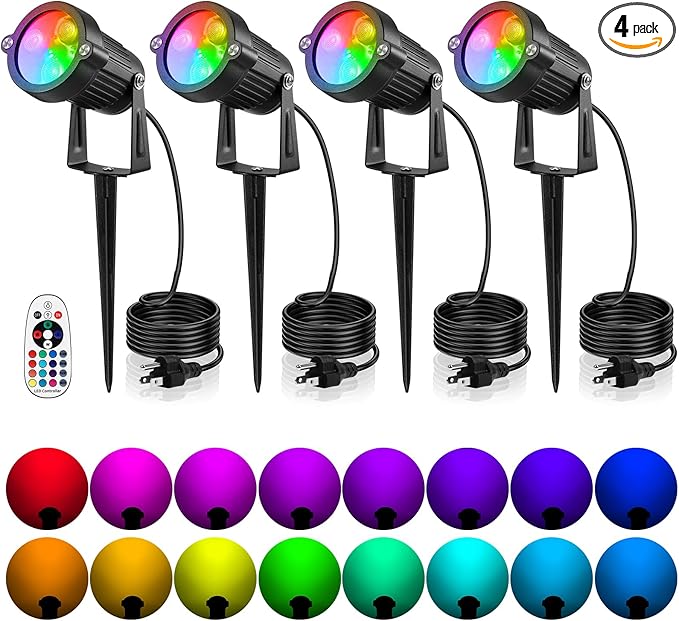 OurLeeme Lawn Flood Light Stake 2-in-1 Waterproof Outdoor Remote controlle Landscape Lighting Spotlight Wall Light for Yard Garden Driveway Pathway Pool (4 Pack)