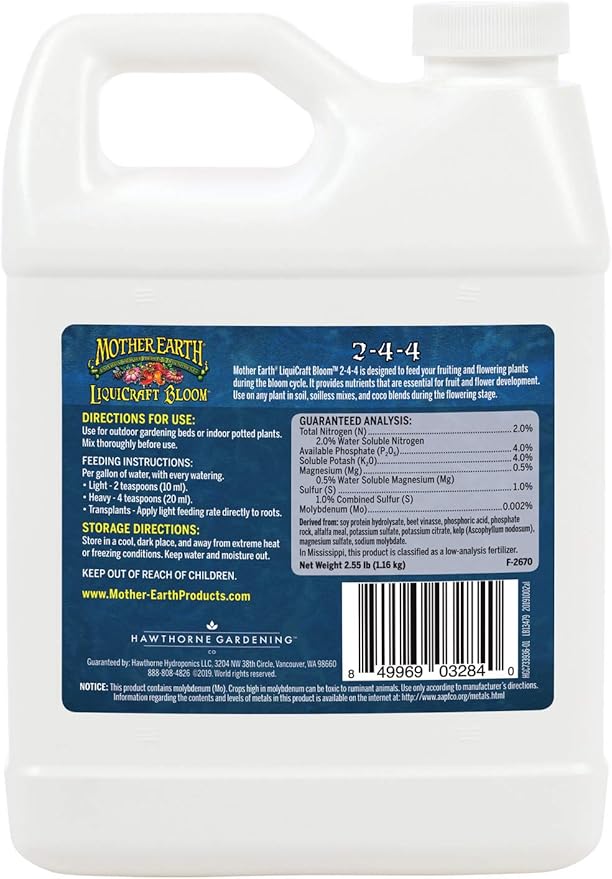 Mother Earth Products LiquiCraft Grow 4-3-3 and Mother Earth LiquiCraft Bloom 2-4-4 Liquid Fertilizer Bundle 1 Quart EachWhite