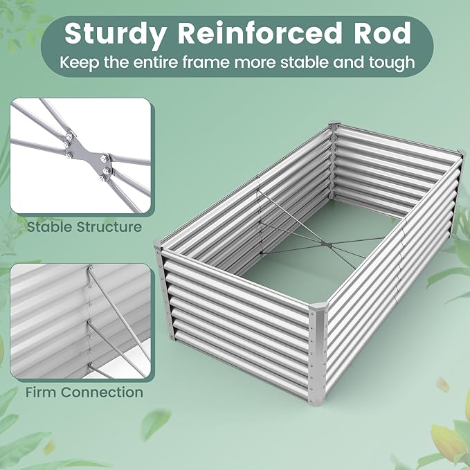 Rectangular Raised Garden Bed Galvanized Garden Planter with Open Bottom Sprayed Plate &amp Corner Protectors Outdoor Metal Planter Box for Vegetables Flowers &amp Herbs (Sliver)