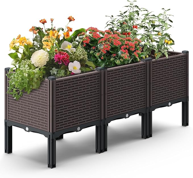 Raised Garden Beds Outdoor Polypropylene Elevated Planter Boxes Outdoor for Vegetables Flowers Herbs Garden Box with Drain Outlet Heat and Frost Resistance Planters 300lb Capacity (46X15X20in)