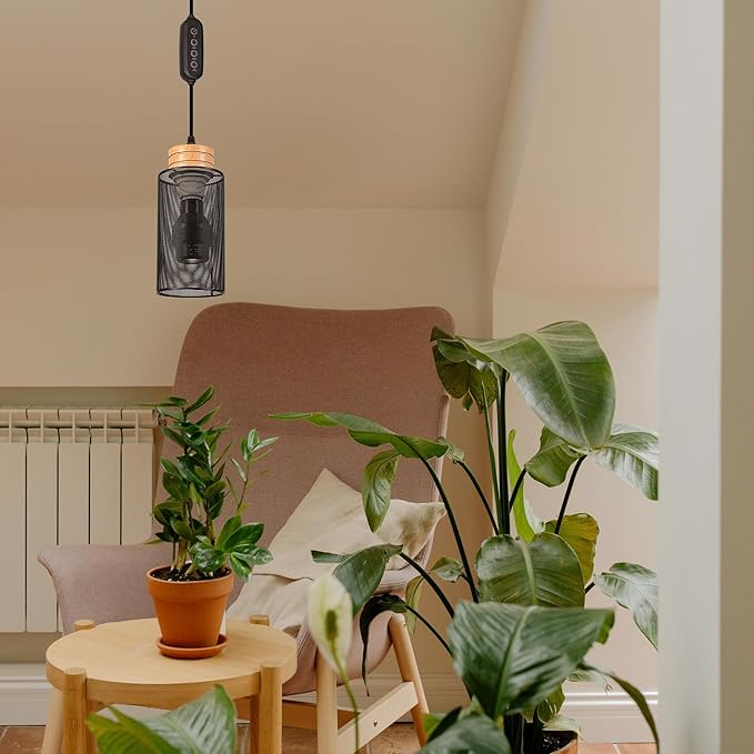 Adjustable Height Juno Track Light Pendants Full Spectrum AUTO 10W Plant Growing Lamp Black Industrial Grid Hollowing Designed Shade Wooden Socket Timer for Indoor Planting Kitchen