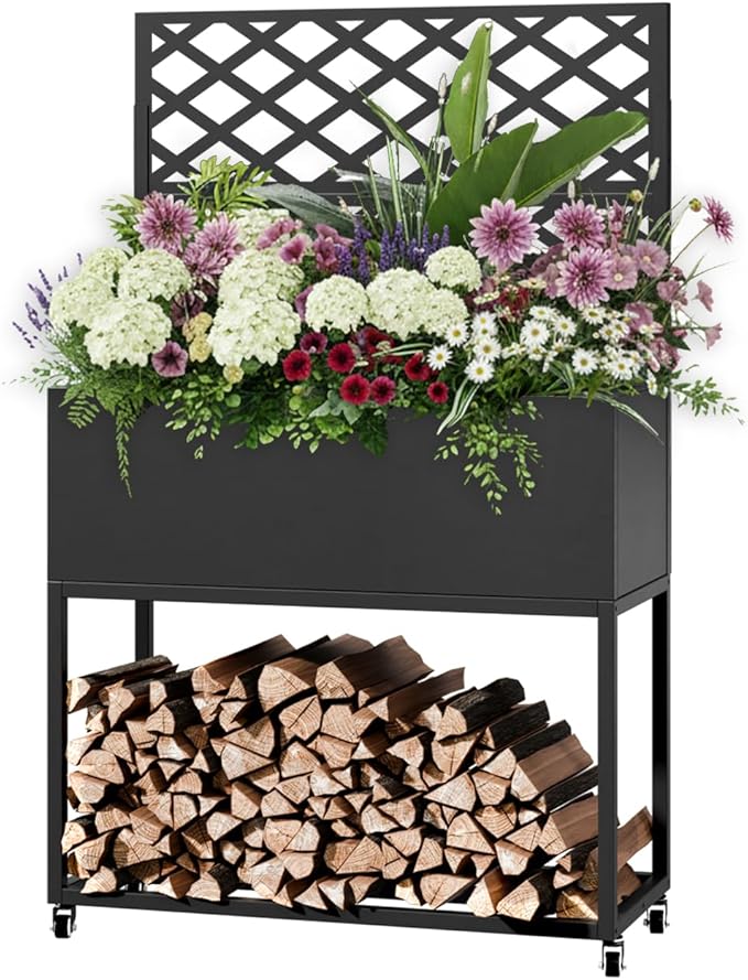 Raised Garden Bed with Trellis Metal Raised Planter Box with Trellis Privacy Planters for Patio Raised Garden Beds Outdoor Standing with Drainage Holes Wheels Black