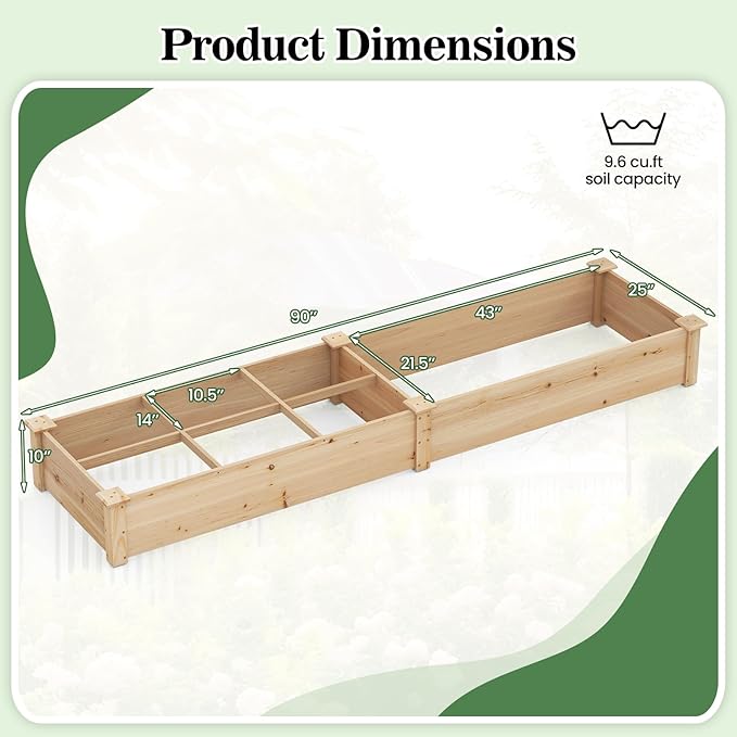 Giantex Wooden Raised Garden Bed with 2 Planter Boxes &amp Dividers 90x25x10 Raised Bed for Flowers Vegetables Fruits Herbs Gardening Planting Outdoor Garden Box for Patio Backyard Lawn (1)