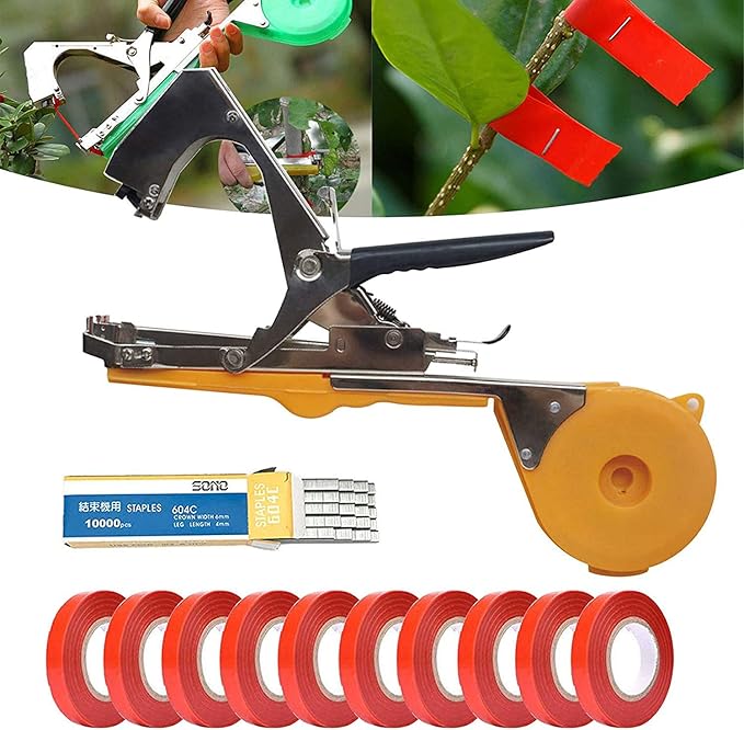 Plant Tying Machine Gardening Tape Tool Plant Ties Hand Garden Tools Set Garden Plants Tool with 10 Rolls Tape and 1 Box Staple for Grape Tomatoes Vegetable Cucumber and Flower (Yellow)