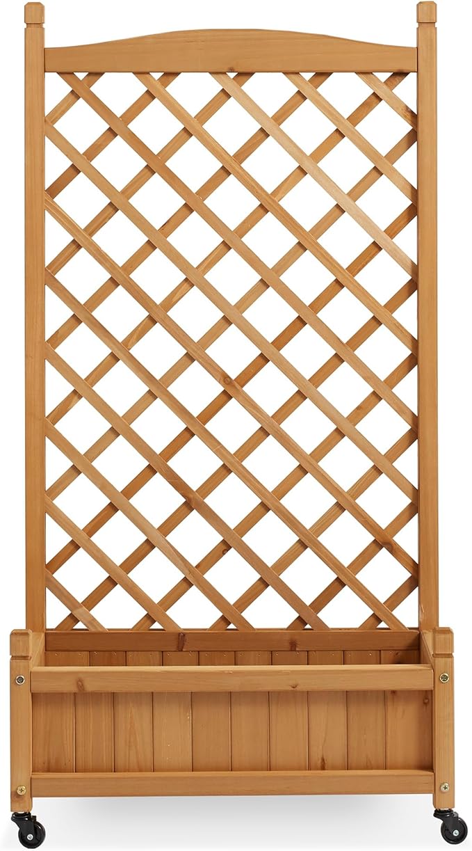 Casafield 48 Raised Garden Bed with Trellis - Wooden Diamond Lattice for Climbing Plants and Planter Box with Drainage Holes and Wheels