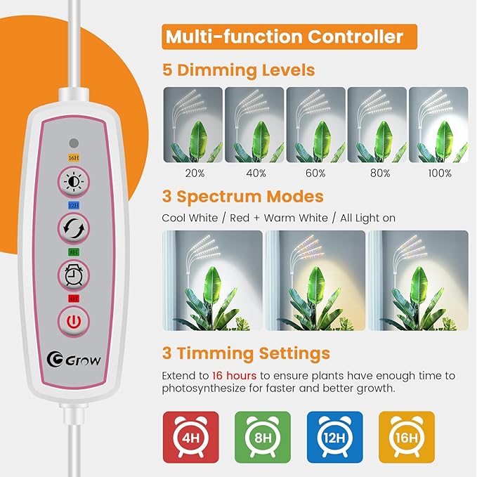 Grow Lights for Indoor Plants 4-Head Full Specturm Plant Grow Light with 4/8/12/16H Timer 3 Color Modes 5 Brightness 24-68.7in Height Adjustable Floor Growing Lamp for Tall Large Plants
