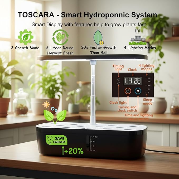 Soil-Free Hydroponics Growing System - 12 Pods with Smart LED Screen Adjustable Height 4L Tank LED Grow Light for Indoor Plants Grow Herbs Year-Around Hydro Garden Gifts for Plant Lovers