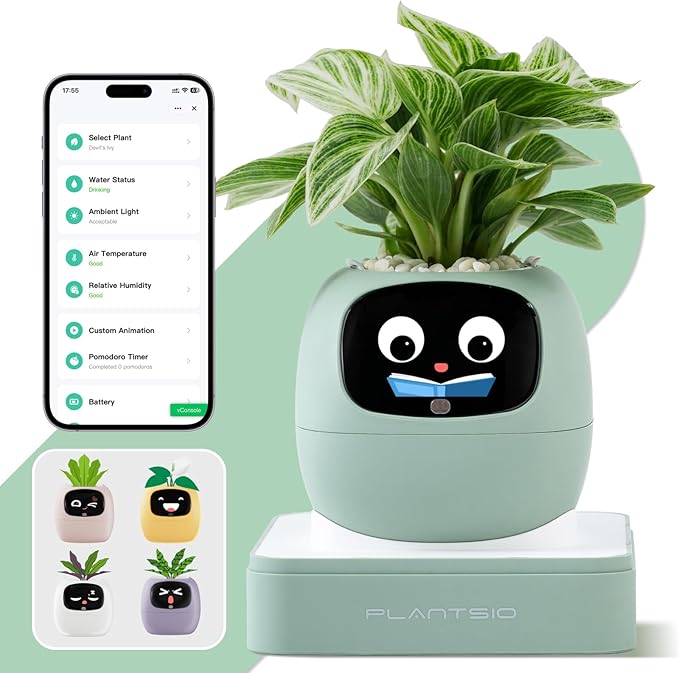 Smart Planter with App Control Self-Watering AI Plant Pot with LCD Display Interactive Desk Plant Companion for 100+ Plants Smart Indoor Planter with Pomodoro Timer80ml ReservoirCalendar-Green