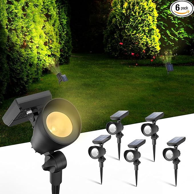 Solar Lights Outdoor Solar Spot Lights Outdoor 6 Pack IP44 Waterproof Solar Spotlights Auto On/Off Solar Powered Garden Lights for Yard Pathway Driveway (Warm White) Bright Pathway