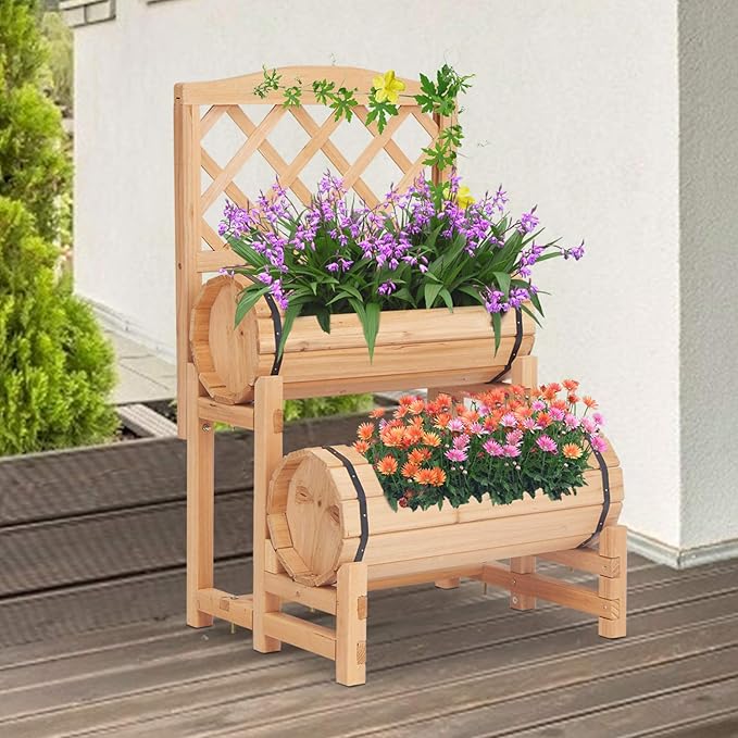 Raised Bed with Trellis Wood Garden Planter Box Free-Standing Planters Outdoor Elevated Garden Bed for Climbing Plants
