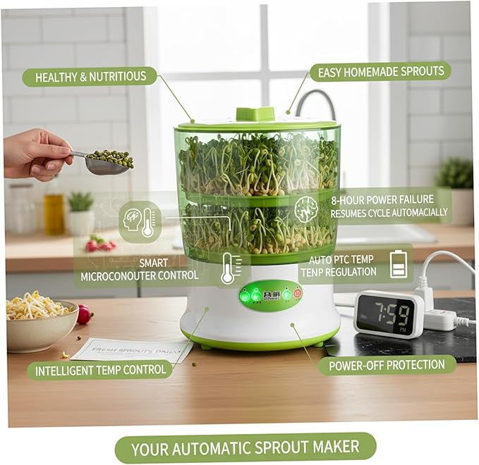 Seed Sprouting Kit 2-Tier Large Capacity Bean Sprouts Grow Kit with 360° Spray and 3 Modes Indoor Gardening Seed Sprouter Tray Green