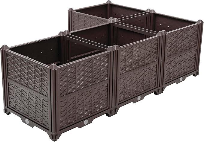 LIFE SKY Modular Garden Planter: Multi-Section Raised Bed for Herbs &amp Vegetables - Brown Plastic Plant Box with Drainage System for Balcony &amp Patio Gardening