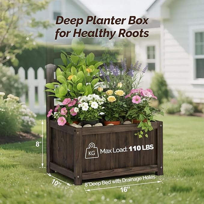 VINGLI Wooden Planter with Trellis 51 Height Elevated Garden Beds Outdoor FreeStanding Planter Box with Drainage Holes for Flower Vegetable Fruit Herb in Garden Patio Balcony - 2PCS
