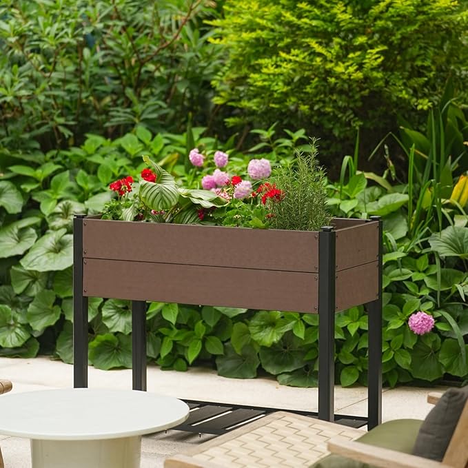 42 l x 33 h HDPE Raised Garden Bed on Legs with Storage Shelf All-Weather Elevated Planter Box Standing Herb &amp Vegetable Grow Bed with Black Aluminum Posts for Patio Balcony and Outdoor Use
