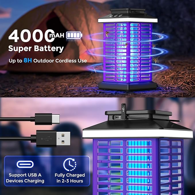 Bug Zapper Outdoor Mosquito Zapper 2 in 1 Portable &amp Rechargeable Bug Zapper Outdoor with 5000mAh Battery &amp LED Night Light 4000V Electric Fly Zapper for OutsidePatioBackyardGarden Purple