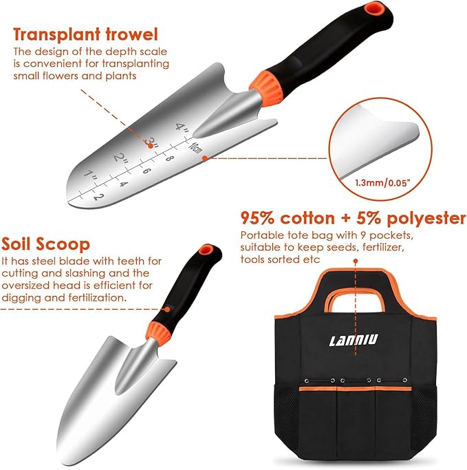 9 Piece Garden Tool Set - Heavy Duty Stainless Steel Gardening Hand Tools with Ergonomic Non-Slip Rubber Handles Pruning Shears Trowel and 600D Storage Tote Bag Gardening Gifts for Women