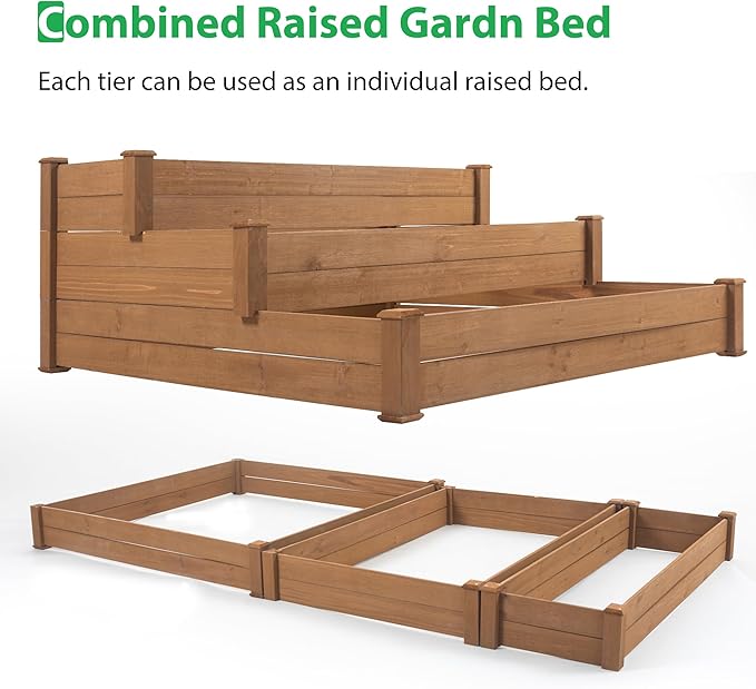 GERRIT 48.6 x 48.6 x 21inch 3 Tier Raised Garden Bed Horticulture Outdoor Elevated Flower Box Wooden Tiered Garden Bed Vegetables Growing Planter for Backyard/Patio/Gardener (Brown)
