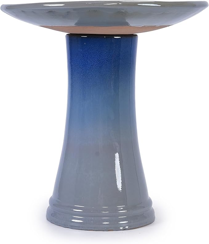 17'' Ceramic Bird Bath for Outside Elegant Tall Outdoor Bird Bath Lightweight Pedestal Glazed Birdbaths for Outdoors with Floral Pattern Blue Ombre