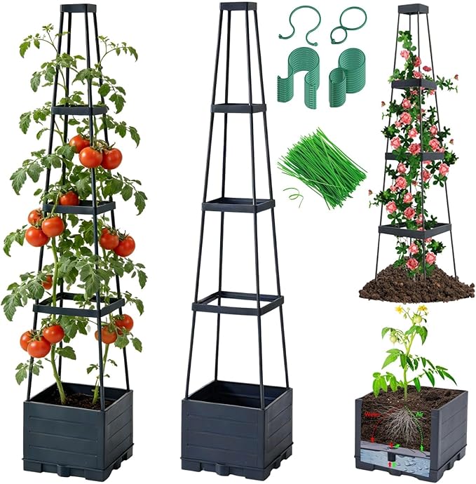 Lancisism 2 Pack Raised Garden Bed Tomato Planter with Trellis - 57 Self Watering Planter Box for Climbing Plants Vegetables Flowers - Garden Tomato Pots with Cage for Patio Greenhouse Indoor Outdoor