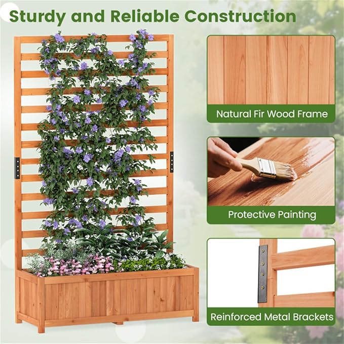 Fir Wood Raised Garden Bed with Trellis 91.44×35.56×149.86 cm Orange Planter Box with Drainage Liner 88 lbs Capacity for Climbing Plants