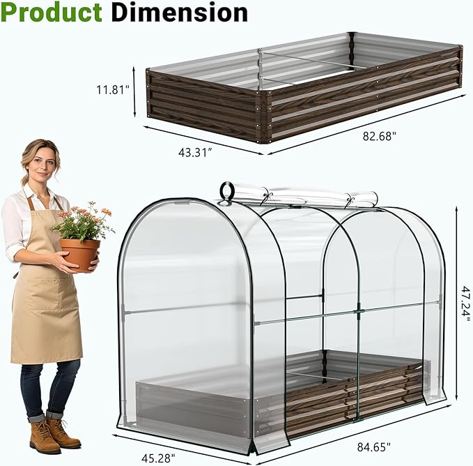 DoCred Galvanized Raised Garden Bed with PVC Cover 84.6 x 45.3 x 47.2 Metal Planter Bottomless Box w/Roll-Up Window Mini Greenhouse Tent for Outdoor Growing Vegetables Flower Fruit