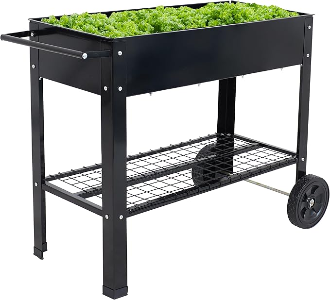 Sunnydaze 43-Inch Galvanized Steel Raised Garden Bed with Legs - Outdoor Elevated Planter Box with Wheels for Vegetables - Black