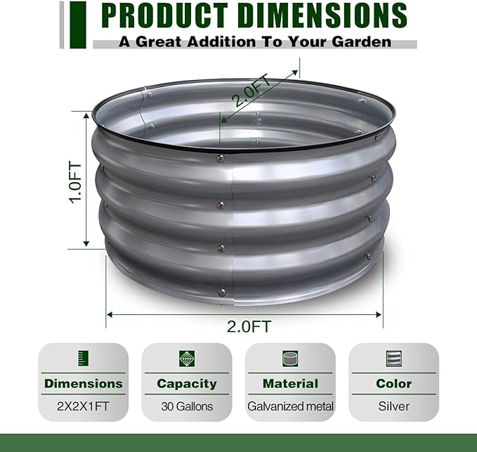 GrowHaus 2Pack 2x2x1FT Galvanized Raised Garden Bed Planter Boxes Outdoor Round Metal Garden Beds for Planting Vegetables Flowers Herbs Silver