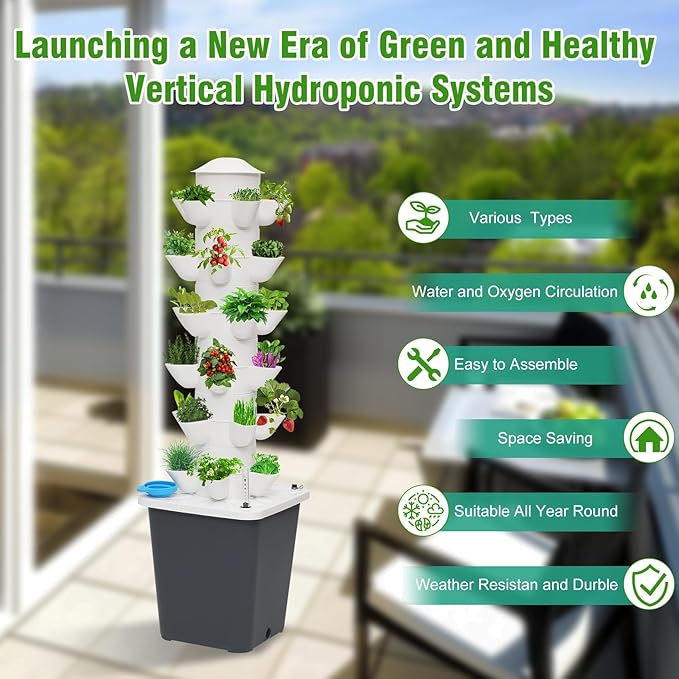 Garden Hydroponic Growing Tower 30 Pods Hydroponics Tower Aeroponics Grow Kit Aquaponics Planting with Hydrating Pump Adapter Net Pots Timer for H