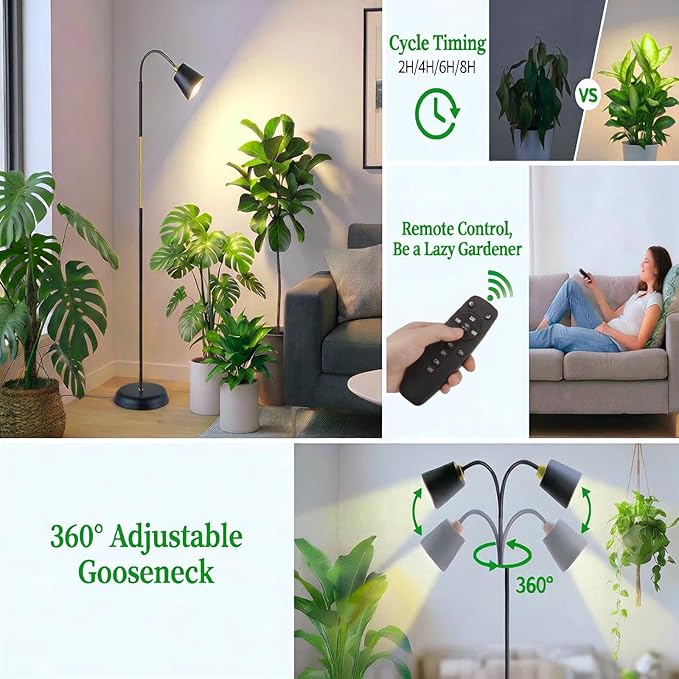 Floor Lamp Grow Lights for Indoor Plants Adjustable Height Tall Standing Plant Light with Remote &amp Timer 360° Gooseneck Full Spectrum Dimmable Weighted Base