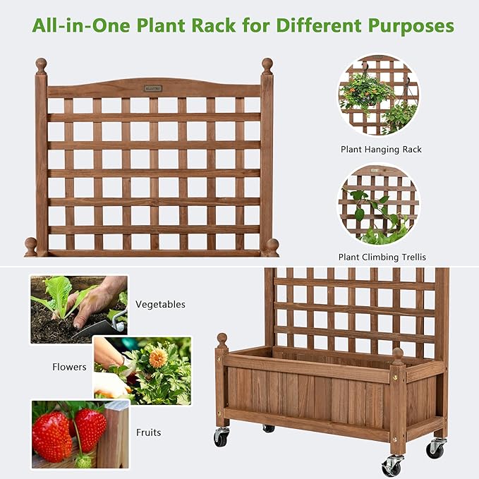 Giantex Mobile Plant Raised Bed Wood Planter with Lattice Trellis and Wheels Flower Box for Plant Climbing Vertical Garden for Balcony Patio Yard (1 25x 11x 32.5)
