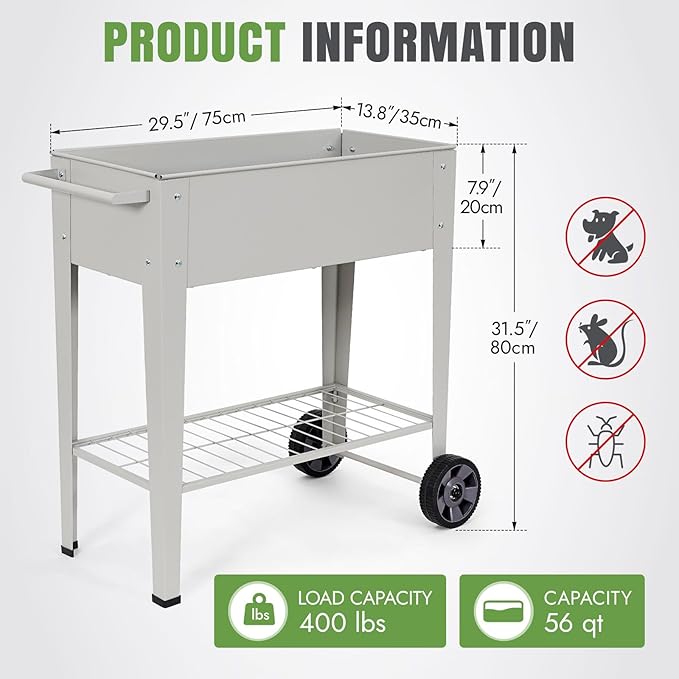 INNO STAGE 31.5 Tall Raised Garden Bed with Legs &amp Wheels- Elevated Planter Box with Shelf Anti-Rust Metal Galvanized Steel Garden Bed for Herb Vegetable Gradening Patio Balcony Backyard