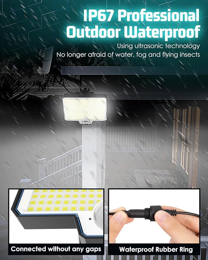 4 Pack 63 LED 3 Lighting Modes IP65 Waterpoof Solar Spot Warm Lights and 2 Pack 294 LED IP67 Solar Flood Lights