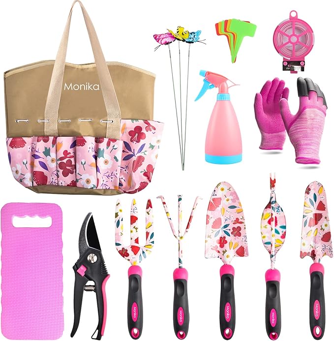Monika 20-Piece Gardening Tool Set for Women Heavy Duty Rust-Proof Stainless Steel with Pink Floral Carry Bag Includes Trowel Transplanter Cultivator Pruner Ideal Gift for Garden Lovers