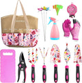 Monika 20-Piece Gardening Tool Set for Women Heavy Duty Rust-Proof Stainless Steel with Pink Floral Carry Bag Includes Trowel Transplanter Cultivator Pruner Ideal Gift for Garden Lovers