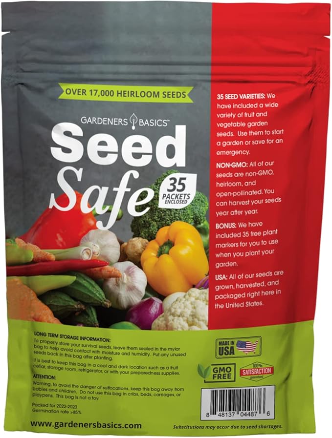 Gardeners Basics Seed Safe Kit - 35 Easy to Grow Heirloom Vegetable Seeds for Beginners - Non GMO Garden Starter Set with 17000+ Seeds - Gardening Gift for Families