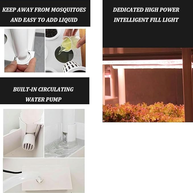 AMNOOL Hydroponics Tower with LED Grow LightIndoor Gardening SystemAeroponics Growing Kitfor Herbs Fruits and Vegetableswith Hydrating Pump Adapter Net Pots Timer.
