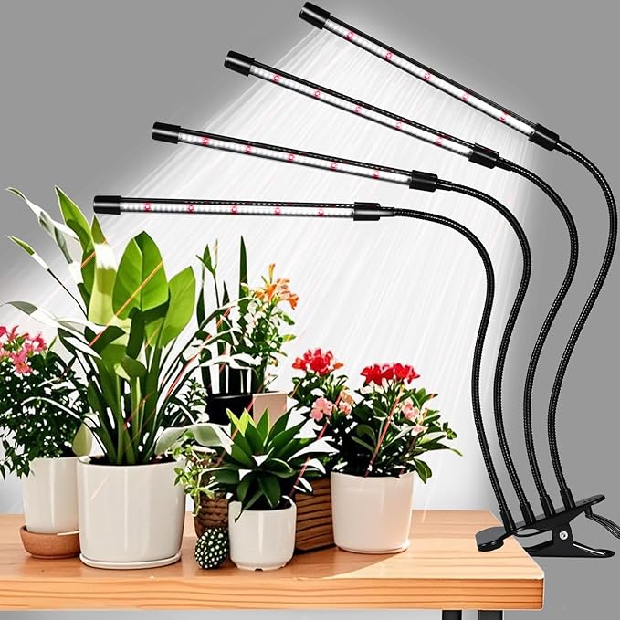 Black Clip Grow Lights for Indoor Plants 168 Full Spectrum LEDs Clip Plant Growing Lamps with Flexible Gooseneck and 4/8/12h Timer 3 Spectral Modes 10 Dimmable Levels (4 Head 1 Pack)
