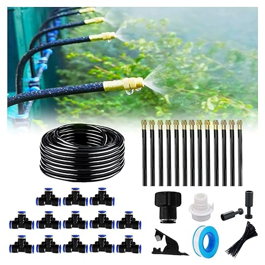 New drip Irrigation kit Automatic Garden Watering System Quick Connector and 360-degree Bending Dropper atomizing Copper Nozzle Garden Plant Lawn Courtyard Watering System. (50FT)