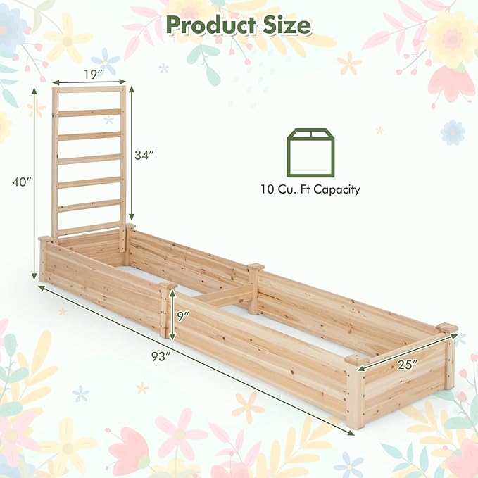 MAT EXPERT Raised Garden Bed with Trellis Natural Fir Wood Planter Box Outdoor for Vegetables &amp Flowers Fruits Cucumber Open-Ended Bottom Raised Flower Bed for Garden Patio Yard