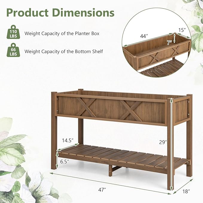 Raised Garden Bed with Legs 47 x 18 x 29 Inch Elevated Planter Box w/HIPS Frame Drainage Holes &amp Storage Shelf Standing Raised Planter for Flowers Herbs Outdoor Balcony Backyard (Coffee)