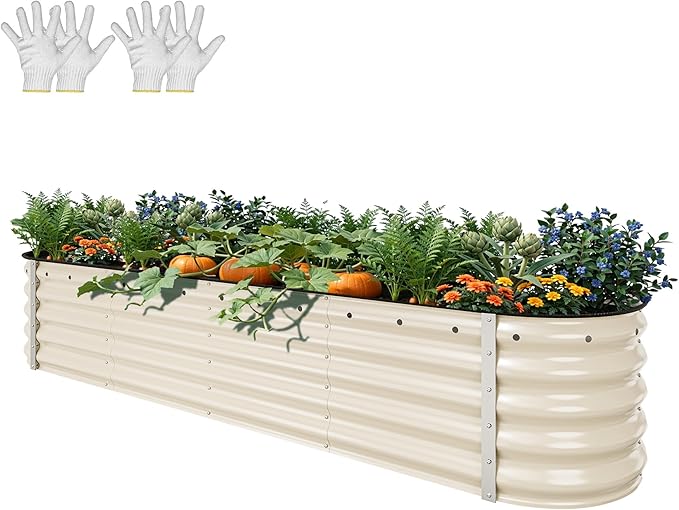 YITAHOME 17 Tall 9 in 1 Large Raised Garden Bed Kit 8x2x1.4ft Galvanized Metal Planter Box with Gloves &amp Safety Rubber Outdoor Above Ground Planters for Plants Vegetables Flowers White