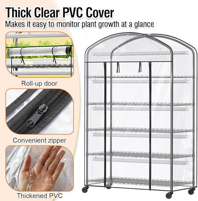 5 Tier Metal Plant Stand with Grow Light &amp PVC Cover Portable Mini Greenhouse with Shelves Adjustable Small Indoor Green House with Grow Light for Indoor Plants Seedling Rack 49x21.6x79