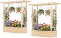 Raised Garden Bed with Trellis Wood Planter Box w/Trellis Hanging Roof Drainage Holes Freestanding Planter Raised Bed for Outdoor Climbing Plants Flowers Patio Yard Balcony (2 Natural)