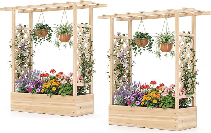 Raised Garden Bed with Trellis Wood Planter Box w/Trellis Hanging Roof Drainage Holes Freestanding Planter Raised Bed for Outdoor Climbing Plants Flowers Patio Yard Balcony (2 Natural)
