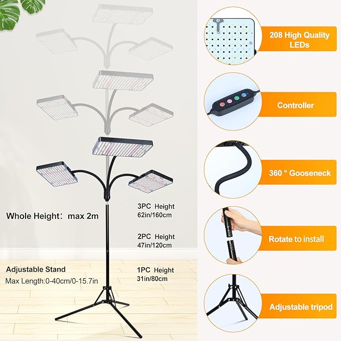 FECiDA 2026 3Head Grow Lights with Upgraded Stand Big Coverage Grow Lights for Indoor Large Plants Bonsai Tree 4/8/12/16/20 Hr Timer 75 Watt Power Draw NO Need Adapter 24-76 Height Adjustable
