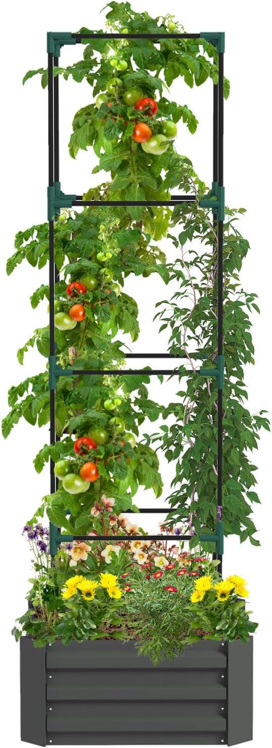 Galvanized Raised Garden Bed Steel Gray Raised Planter with Tomato Cage Backyard Garden Patio Durable Outdoor Planter