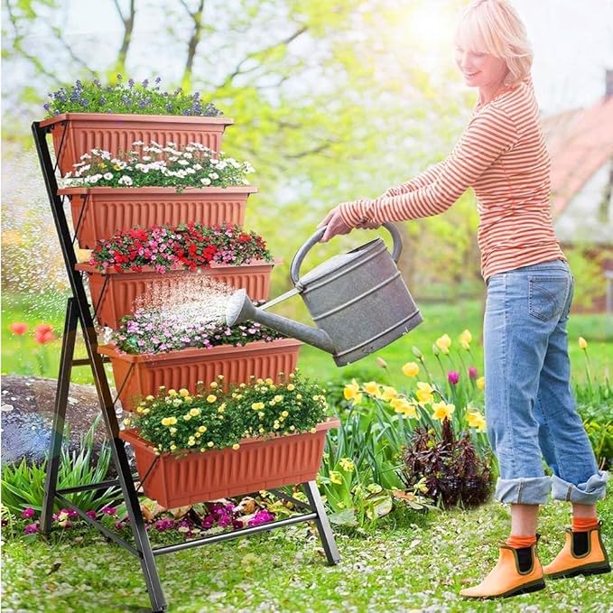 SEJOV 2 Pack Vertical Raised Garden Bed 5 Tiers Elevated Planter Box for Herbs Vegetables Flowers Graden Vertical Planter w/Drainage System for Patio Balcony Garden Outdoor Indoor Plants Dark Red