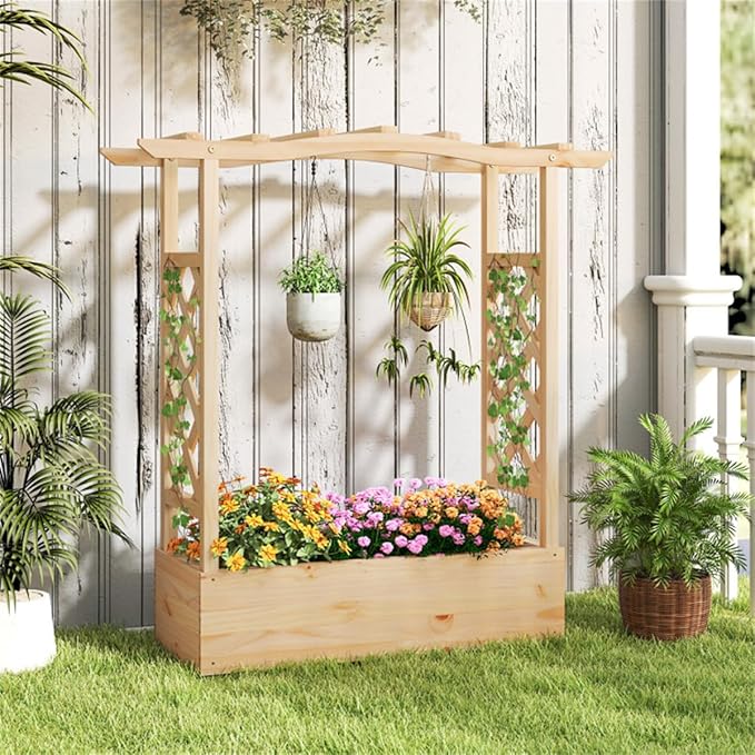 Pine Wood Garden Bed with Trellis Wooden Planter BoxArden Bed with Sided Trellis &amp Hanging Roof Wood Planter Box Freestanding Garden Planter Raised Bed for Flowers Herbs Climbing Vines