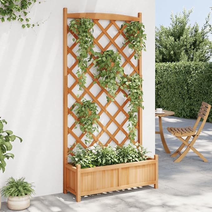 Rustic Brown Solid Fir Wood Vertical Planter with Trellis 13.8 x 35.4 x 70.9 in Raised Garden Bed for Outdoor Patio Balcony Climbing Flowers Vegetables