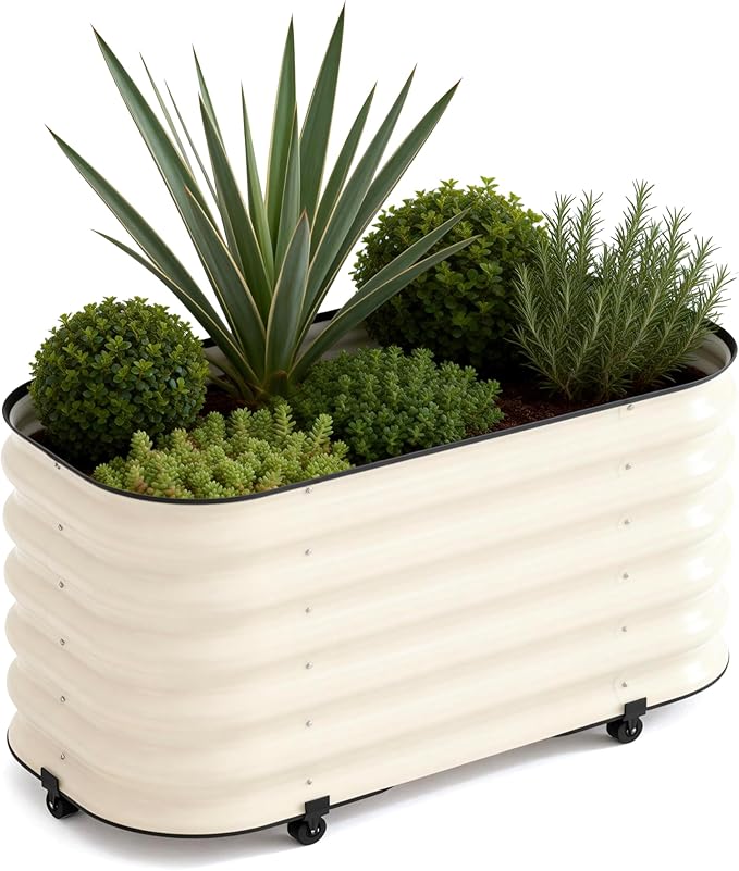 DaisyVibe Mobile Outdoor Planter Box with Wheels 20.9 Inch Tall Heavy-Duty 1000 lbs Capacity Anti-Rust Steel Construction Rolling Garden Bed for Vegetables Herbs Patio Balcony (Lvory)